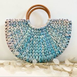 Woven Ombré Blue Green Raffia Straw Crescent Bag